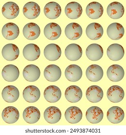 Collection of earth globes. Tilted sphere view. Rotation step 10 degrees. Colored countries style. World map with sparse graticule lines on warm background. Energetic vector illustration.