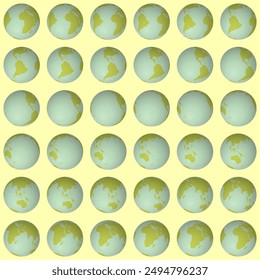 Collection of earth globes. Tilted sphere view. Rotation step 10 degrees. Solid color style. World map with dense graticule lines on warm background. Energetic vector illustration.