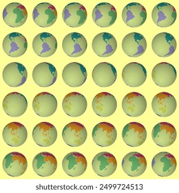 Colección de globos terráqueos. Vista de esfera inclinada. Paso de rotación 10 grados. Estilo de continentes de colores. Mapa del mundo con líneas densas de partículas sobre fondo cromático. Ilustración vectorial fresca.