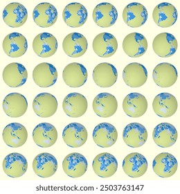 Collection of earth globes. Tilted sphere view. Rotation step 10 degrees. Colored countries style. World map with dense graticule lines on pale background. Incredible vector illustration.