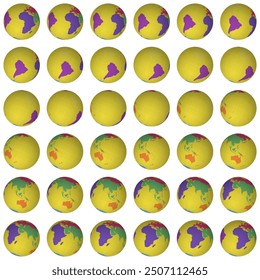 Collection of earth globes. Tilted sphere view. Rotation step 10 degrees. Colored continents style. World map with graticule lines on white background. Vibrant vector illustration.