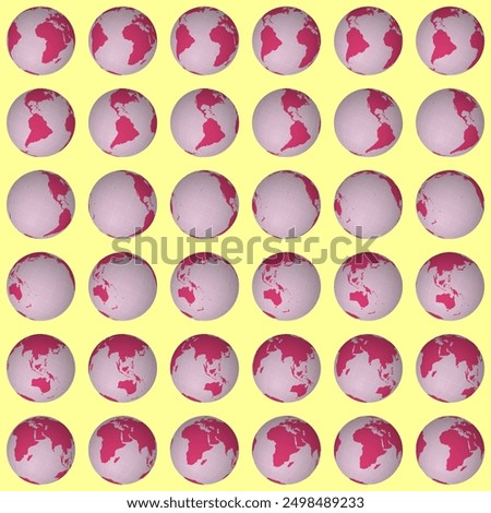Collection of earth globes. Tilted sphere view. Rotation step 10 degrees. Solid color style. World map with graticule lines on lightness background. Terrific vector illustration.
