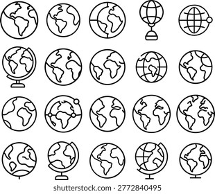 a collection of earth icons depicted in various styles including globes and maps using black line art on a white background. high-quality professional detailed modern elegant stylish clean crisp vibrant