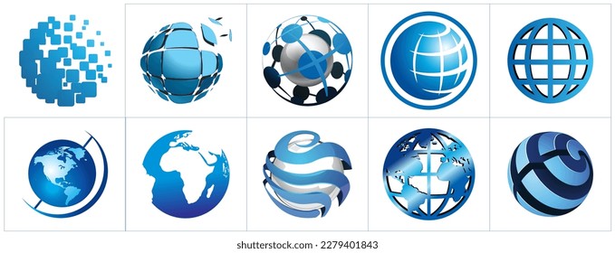 colección de diseños de plantillas de vectores de iconos de la tierra. Diferentes elementos redondos de color azul. diferentes tipos de la esfera 3D. vector 3D 