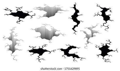 Collection of earthquake cracks. Hole effect and cracked surface. Holes in ground with cracking and earth destruction cracks isolated vector cartoon. Vector illustration
