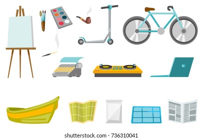 Collection of easel, smoking pipe, paint brush, typewriter, solar panel, newspaper, kick scooter, bicycle. Vector cartoon illustrations isolated on white background.