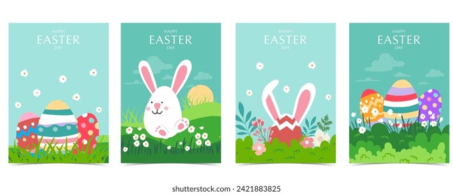 Collection of easter background set with rabbit and egg in garden Editable vector illustration for A4 vertical postcard