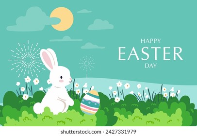 Collection of easter background set with rabbit and egg in garden Editable vector illustration for horizontal banner