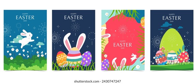 Collection of easter background set with rabbit and egg in garden Editable vector illustration for A4 vertical postcard