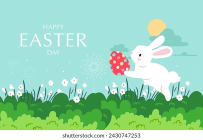 Collection of easter background set with rabbit and egg in garden Editable vector illustration for horizontal banner