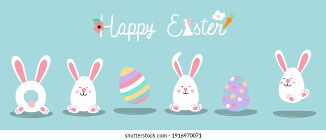 Collection of easter background set with rabbit,egg,flower.Editable vector illustration for website, invitation,postcard and poster