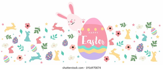 Collection of easter background set with rabbit,egg,flower.Editable vector illustration for website, invitation,postcard and poster