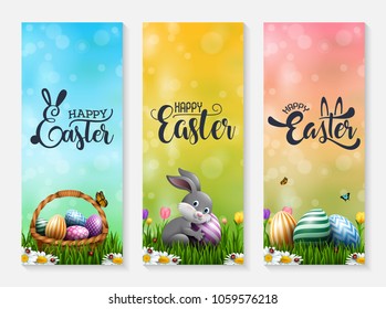 Collection of Easter banners with Easter eggs, little bunny, and basket in the grass