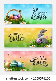 Collection of Easter banners with Easter eggs, little bunny, and basket in the grass