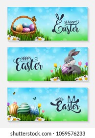 Collection of Easter banners with Easter eggs, little bunny, and basket in the grass