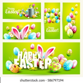 Collection of Easter banners or headers with Easter eggs and decorations on green background