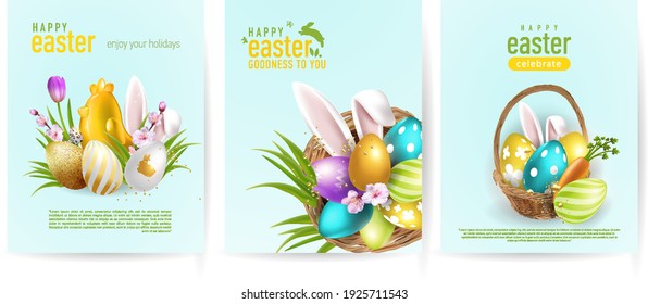 A collection of Easter banners or headlines with Easter eggs and decorations in the form of a chicken, spring flowers, baskets on a blue background. Vector illustration.