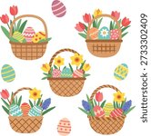 Collection of Easter baskets filled with decorated eggs and spring flowers arranged in a colorful flat vector illustration.