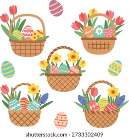 Collection of Easter baskets filled with decorated eggs and spring flowers arranged in a colorful flat vector illustration.