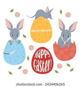 Collection Easter bilbies with Easter eggs. Australian cute animal character. Vector illustration in flat cartoon style