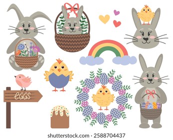 Collection of Easter bunnies, chicks, Easter eggs in a basket. Vector illustration of Easter bunny in a basket with flowers, perfect set for Easter holidays on a white background