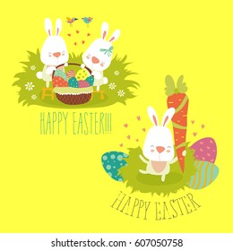 Collection of Easter bunnies with colorful eggs