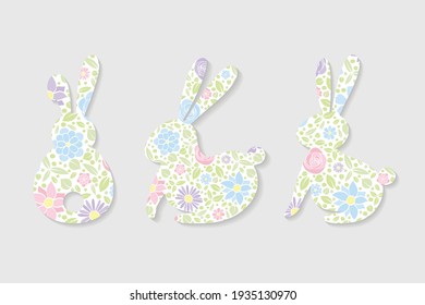 Collection of Easter bunnies with colourful flowers. Vector