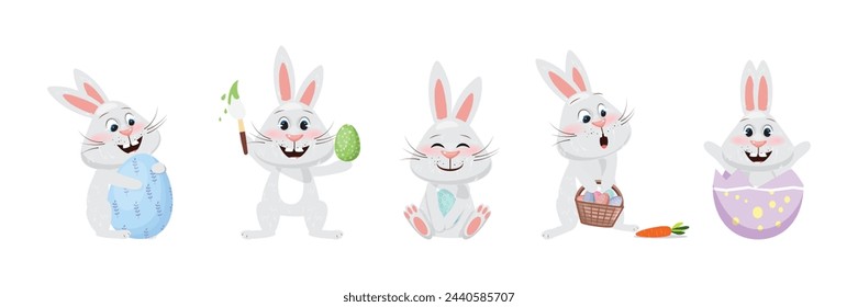 Colección de conejitos de Pascua en varias poses lúdicas. Desde abrazar huevos hasta pintarlos. 