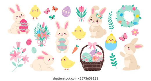 A collection of Easter bunny and bird characters. Some of the characters are holding eggs, while others are holding baskets. Scene is cheerful and festive, with a focus on the Easter holiday