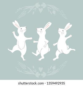 Collection Of Easter Bunny Characters From Different Poses. Happy Running And Dancing Bunnies. Flower Frame Silhouette