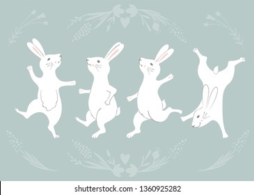 Collection Of Easter Bunny Characters From Different Poses. Happy Running And Dancing Bunnies. Flower Frame Silhouette