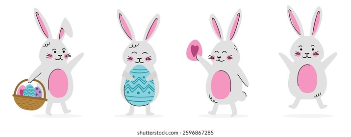 Collection of Easter bunny with egg. Cartoon style characters. Vector illustration