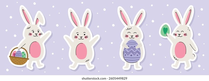Collection of Easter bunny with egg. Cartoon style stickers. Vector illustration