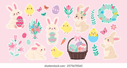 A collection of Easter bunny and Easter eggs stickers. The stickers include rabbits, eggs, flowers, and butterflies