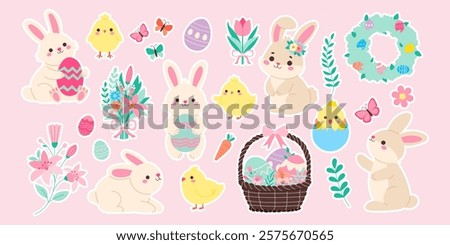 A collection of Easter bunny and Easter eggs stickers. The stickers include rabbits, eggs, flowers, and butterflies