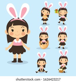Collection of Easter bunny isolate. Little Easter bunny girl. Young lovely cute girl in Easter bunny costume. Easter's day.