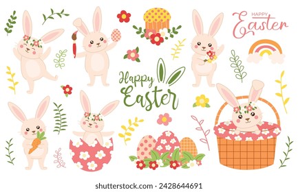 Collection of Easter bunny. Set of rabbit character in different poses and pastel Easter eggs. Spring Easter floral elements with leaves and flowers. Easter bunny and flowers. 