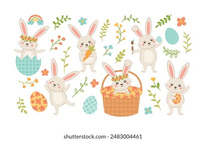 Colección de conejito de Pascua. Conjunto de personaje de conejo en diferentes poses y huevos de Pascua pastel. Primavera Semana Santa Elementos florales con hojas y flores. Ilustración vectorial en estilo plano.