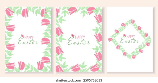 Collection of Easter cards with floral frames and lettering. Decorative wreaths with plants and tulips. Spring vector illustration