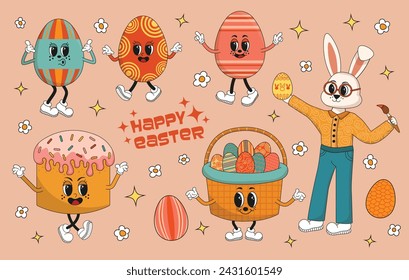 Colección de personajes de Pascua en estilo hippie groovy. Conjunto de ilustración retro con mascotas de Pascua. Conejito de Pascua fresco, huevos divertidos y pastel de Pascua. Viejo dibujo animado de moda 60s 70s 80s estilo. 