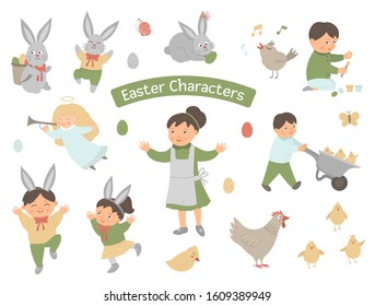 Collection of Easter characters. Vector set with cute bunny, children, colored eggs, chirping bird, chicks, angel. Spring funny illustration