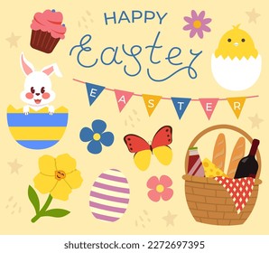 Colección de decoración de Semana Santa, Cartas, Canasta, Conejo, Vector De Estilo Plano De Pollo Ilustración