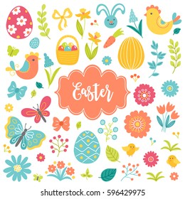 Collection of Easter design elements. Egg, carrot, bunny, hen, basket, branch, berry, flower, chicken, bow and butterfly. Perfect for holiday greetings.