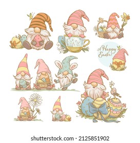 Collection of Easter designs with funny spring gnomes, easter eggs, bunny ears isolated. Vector hand drawn sketch vintage style illustration. For cards, invitations, prints, banners etc.