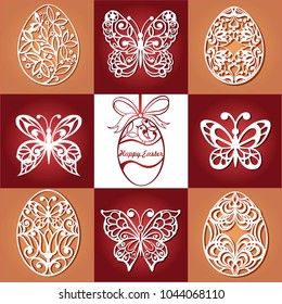 Collection of easter egg and butterflies for laser cutting. Happy Easter vector illustration. Template for laser cutting. Easter egg and butterflies.