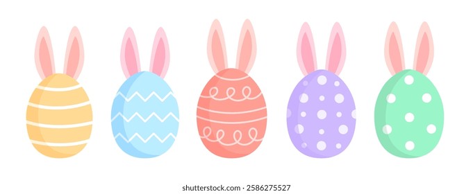 Collection of Easter eggs with bunny ears in pastel colors.