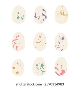 Collection Easter eggs with colorful textures and spots isolated on white background. Set cute quail eggs for festive design. Vector illustration