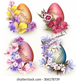 Collection of Easter eggs decorated by flowers. Four eggs isolated on white. Ideal for Easter card in vintage style