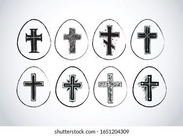 Collection of easter eggs decorated with christian crosses. Doodle sketch illustration