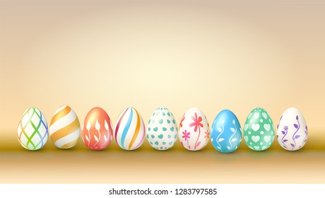 Collection of easter eggs. Decoration of spring celebration. Set of handmade Easter eggs with different paintings. Background for invitation, poster, cover. Vector 3d illustration